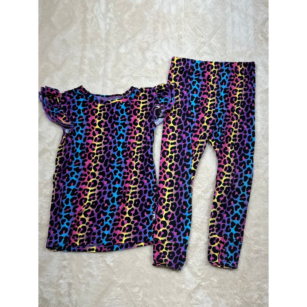 Bums & Roses Bamboo Pajama Set Girls 4T Rainbow Leopard Print Two Piece EUC